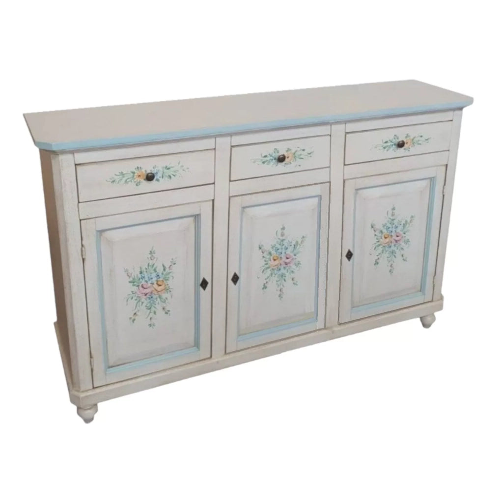 Madia credenza 3 porte legno bianco invecchiato decori azzurri 150x43x98 - Mobili 2G