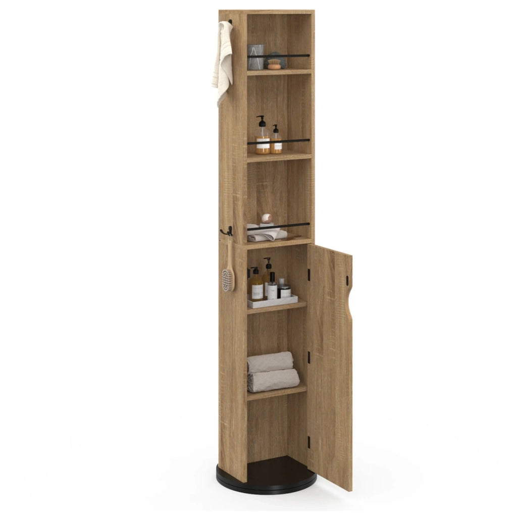 IDMarket - Mueble de baño giratorio con espejo, armario y estantes en haya y negro