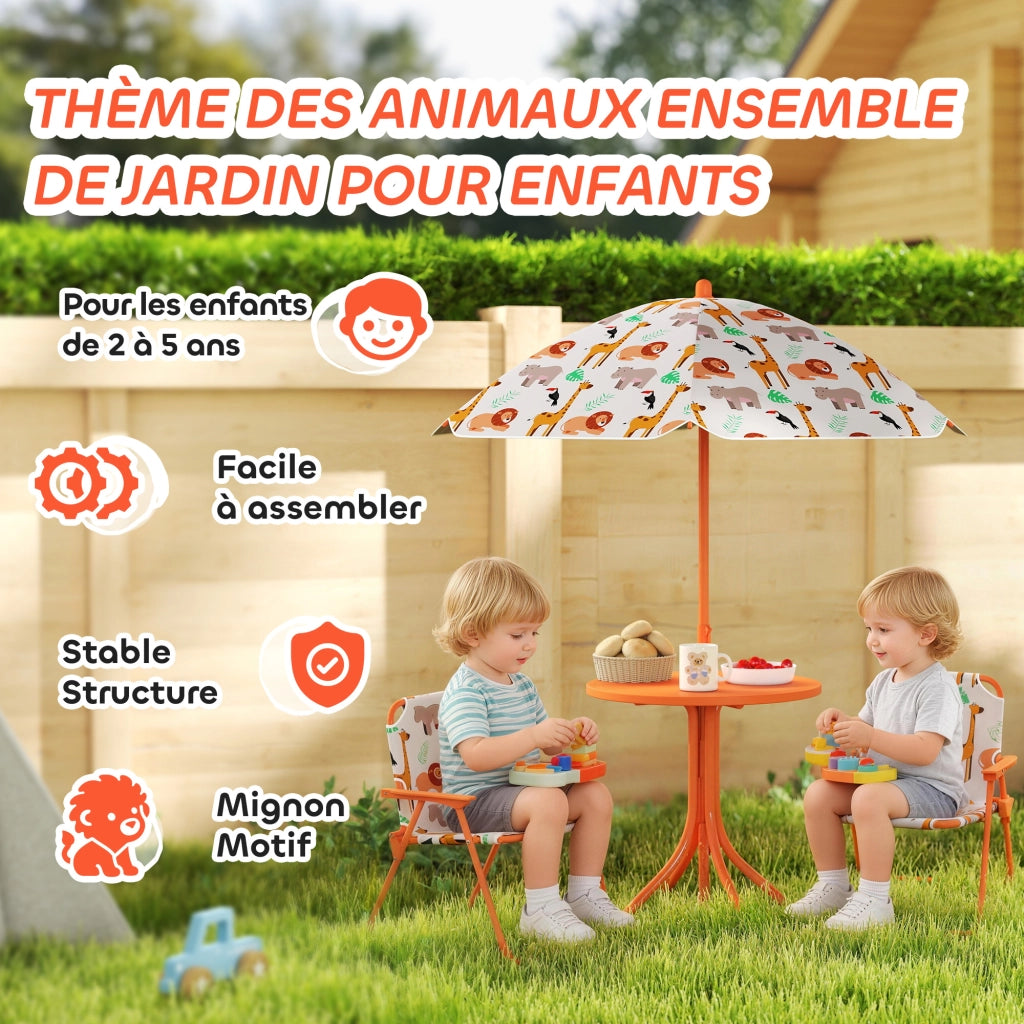 Set tavolo bambini con 2 sedie pieghevoli e parasol ? 100 cm ¨C Xylo ¨C motivo animale arancione