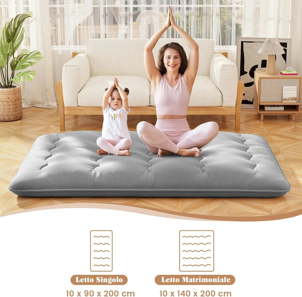 Materasso Futon Pieghevole, Materasso Portatile con Sacca da Trasporto per Camping, Materasso da Terra con Copertura Lavabile (Grigio,200 x 140 cm)