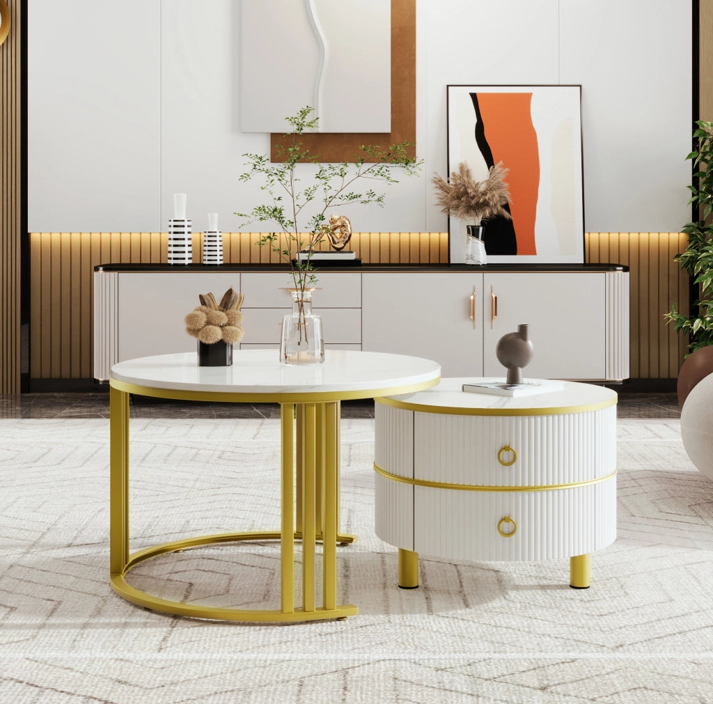 Set 2 Tavolini da Caffè Rotondi con Cassetti Bianco e Oro