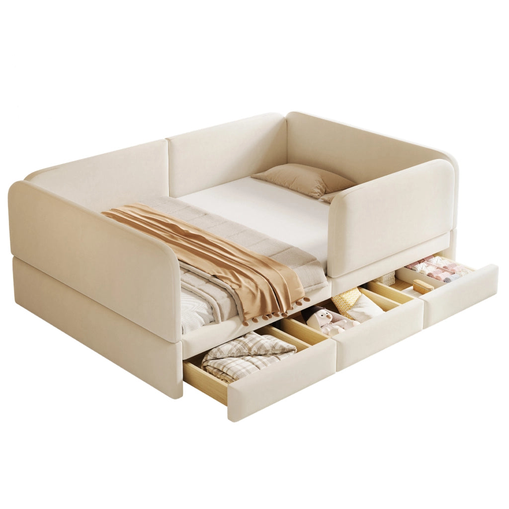Letto per bambini 140×200 cm con 3 cassetti; protezione perimetrale e senza materasso; beige