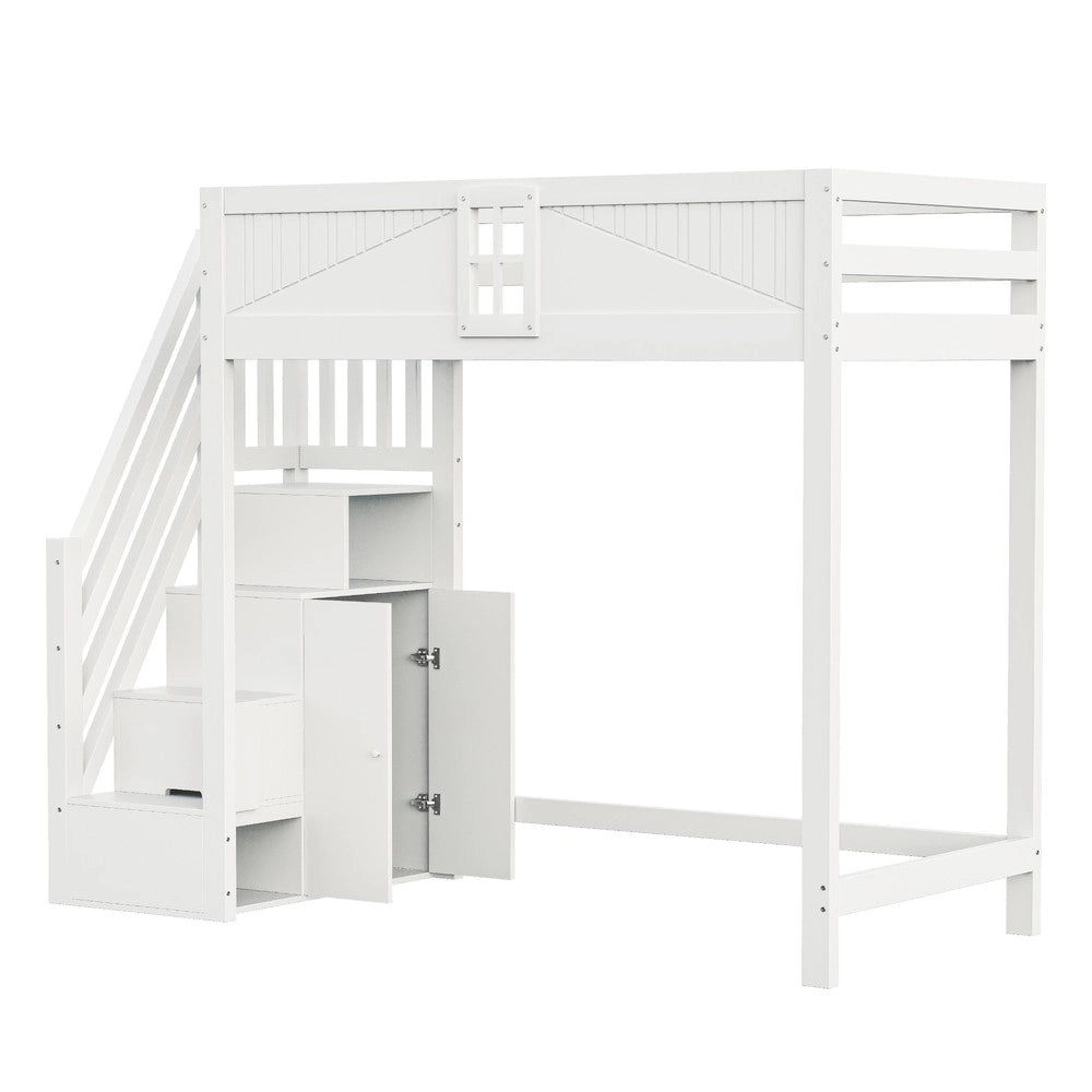 Letto a Soppalco in Legno Massello con Scaletta di Sicurezza ¨C MINIMAL ¨C 90x200 Bianco