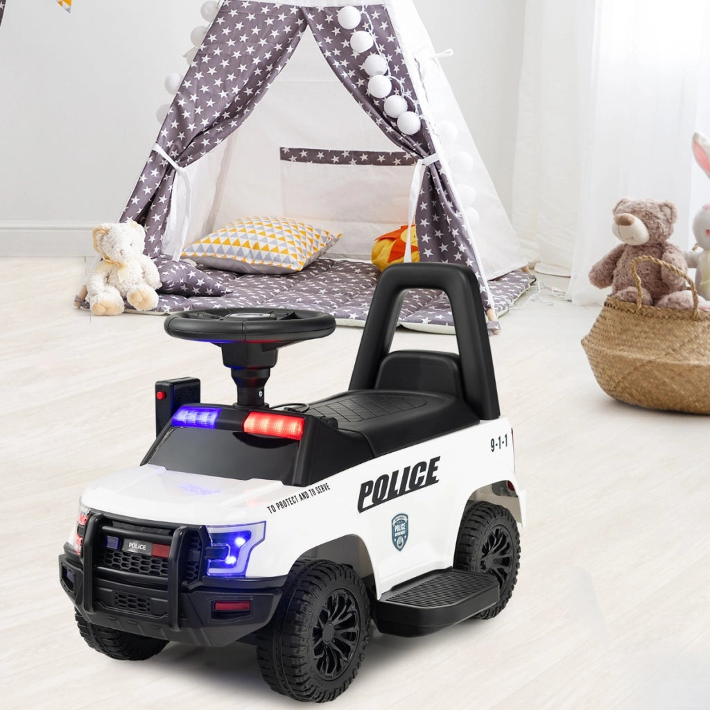 Auto della polizia giocattolo alimentata a batteria, Cavalcabile per bambini con megafono laterale clacson Bianco
