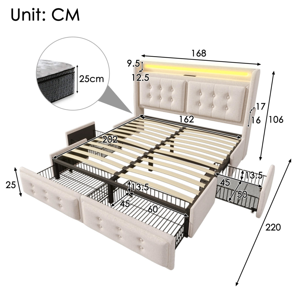 Letto imbottito 160x200 cm con LED; USB e 4 cassetti in cotone lino grigio/beige