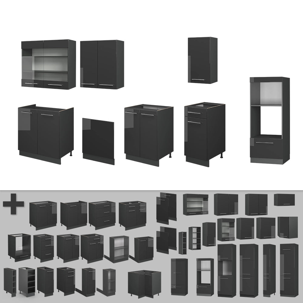 Vicco Cucina componibile Antracite lucido 300 cm con armadio alto, senza piano di lavoro