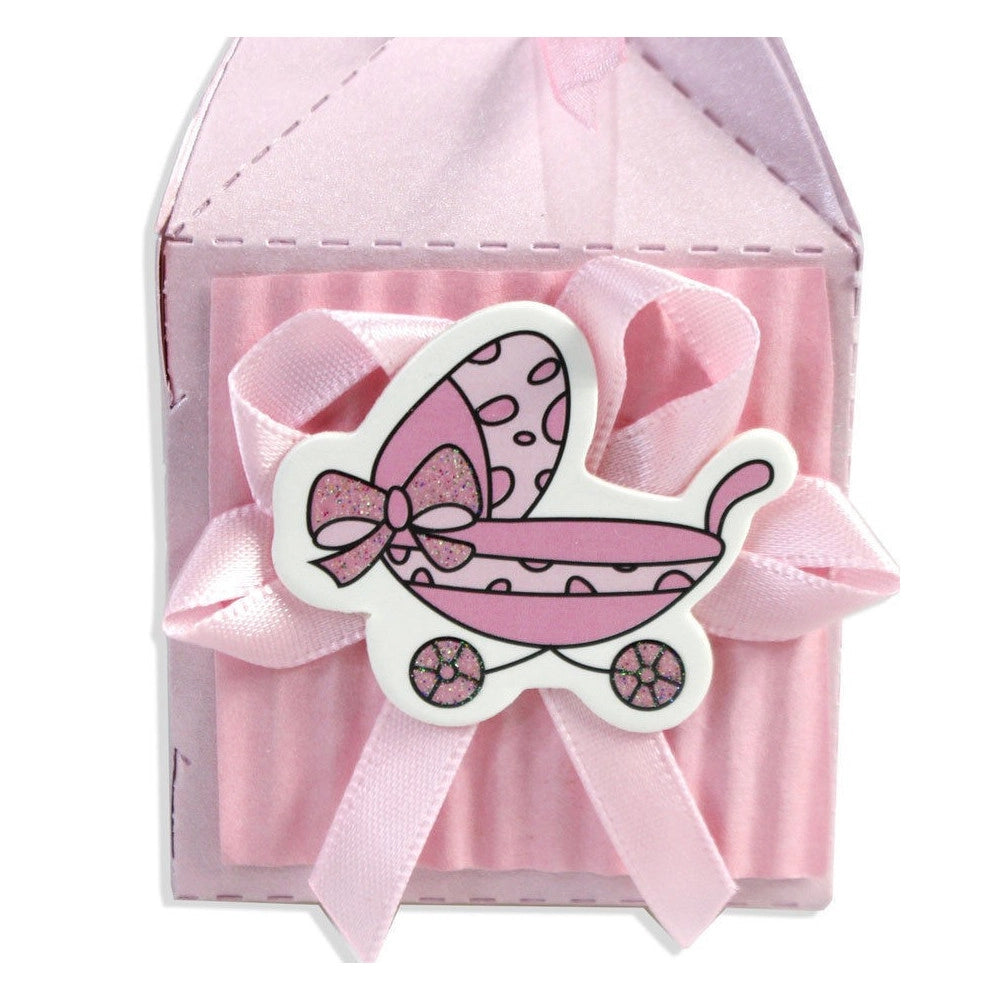 Trade Shop - 12 Scatoline Porta Confetti Bomboniera Nascita Battesimo Bimba Rosa Carrozzina -