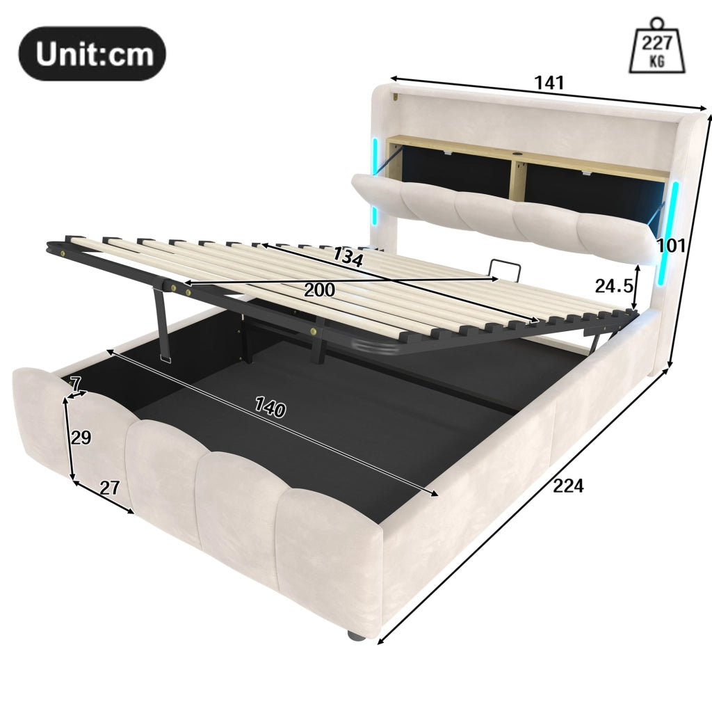 Letto imbottito 140x200 cm con contenitore; LED; USB e Type-C; velluto beige