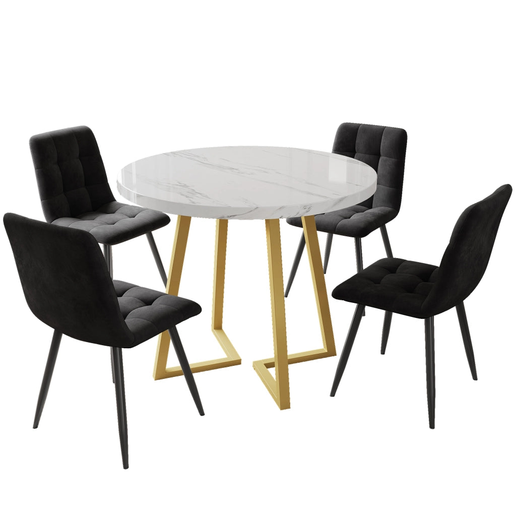 Tavolo da pranzo per 4 persone con 4 sedie in velluto, piano rotondo effetto marmo, base in metallo, 80 cm