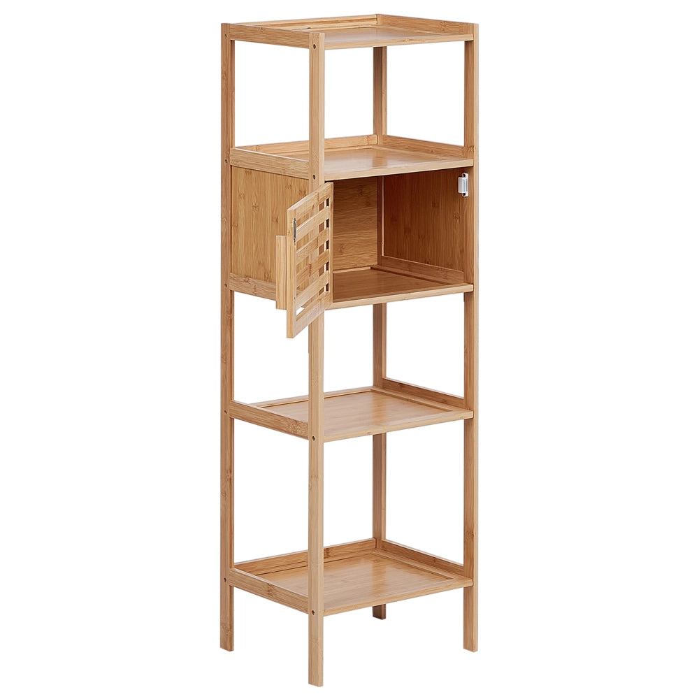 Scaffale da bagno in marrone chiaro di bambù Stoccaggio da bagno 4 ripiani 1 porta