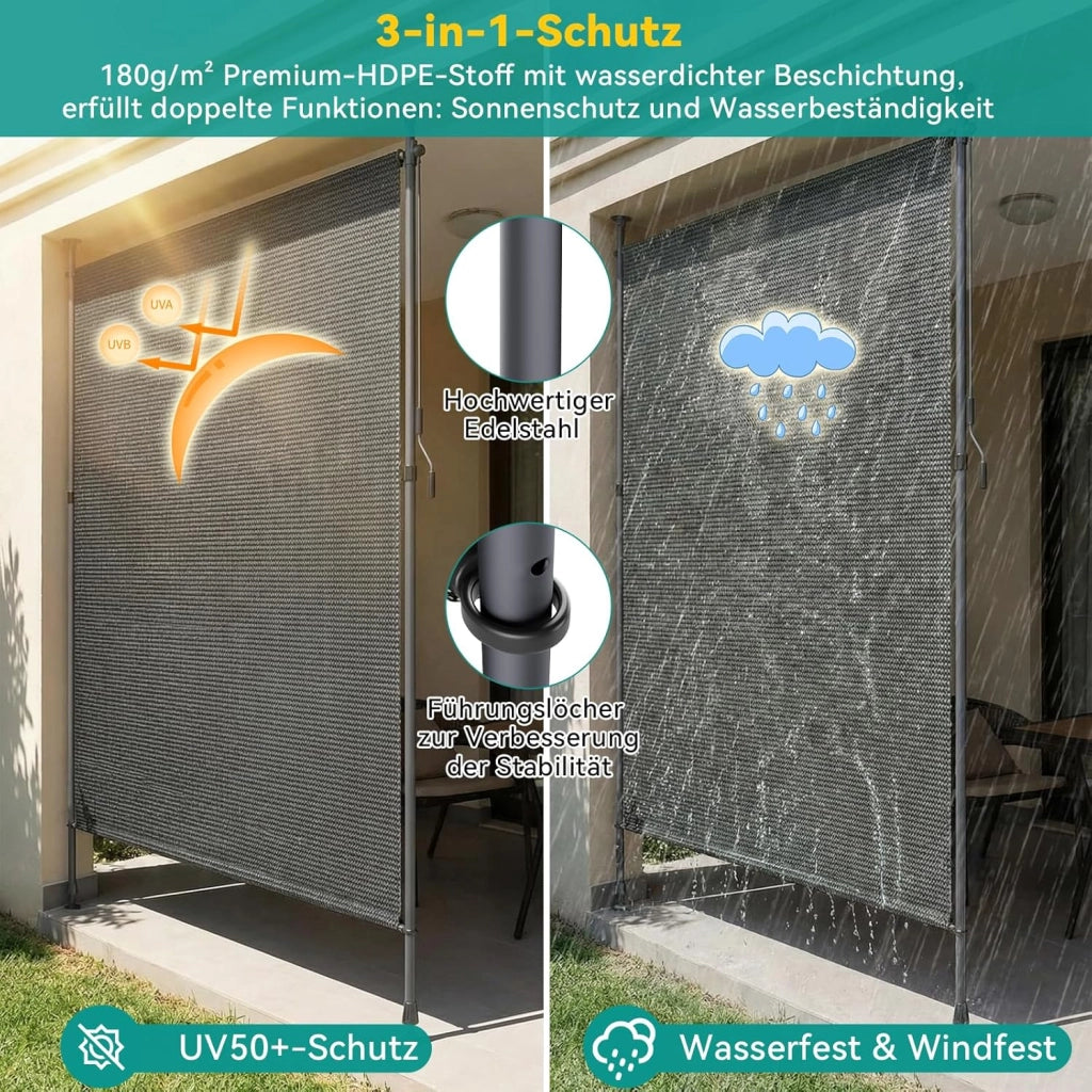 Tenda Verticale HDPE 200×310 cm Grigio, Tenda a Pinza Estensibile, Senza Forare, Privacy, Protezione Solare UV, Antivento, Resistente Alle Intemperie - per Balcone, Giardino, Terrazza