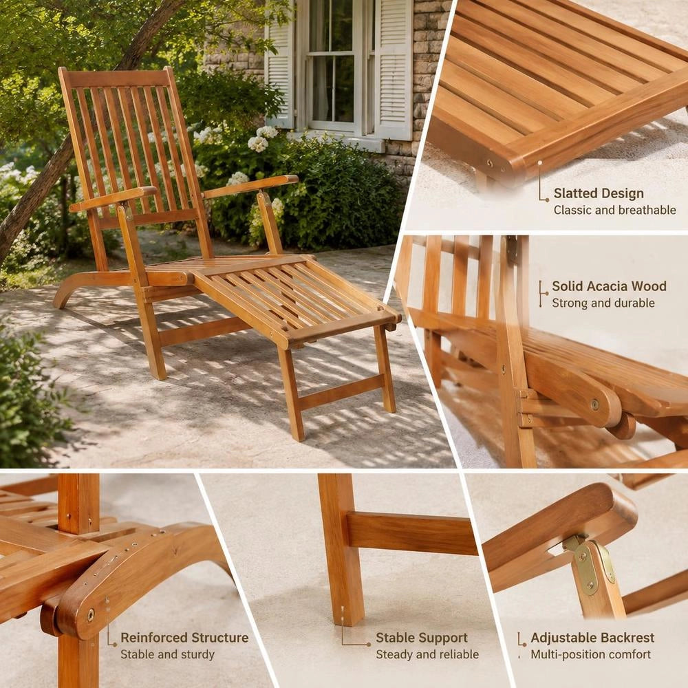 Garden Lounger With Footrest, Solid Acacia Wood