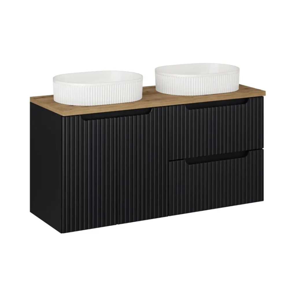 Insieme VANO 120cm: mobili sotto lavabo con cassetti e armadietti + piano per lavabo + due lavabi da appoggio scanalati