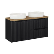 Insieme VANO 120cm: mobili sotto lavabo con cassetti e armadietti + piano per lavabo + due lavabi da appoggio scanalati