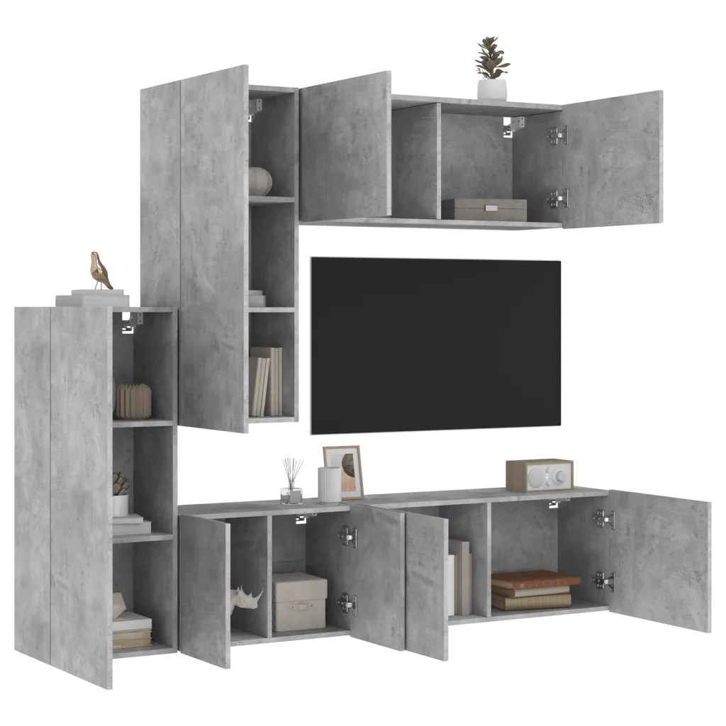 Mobili TV a Muro con LED 5pz Grigio Cemento Legno Multistrato 3216492