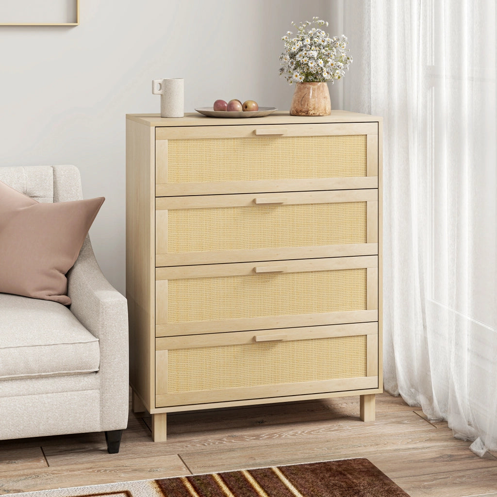 Cassettiera 4 Cassetti in Rattan ¨C zephmum ¨C 80x40x103 cm MDF Effetto Legno Chiaro