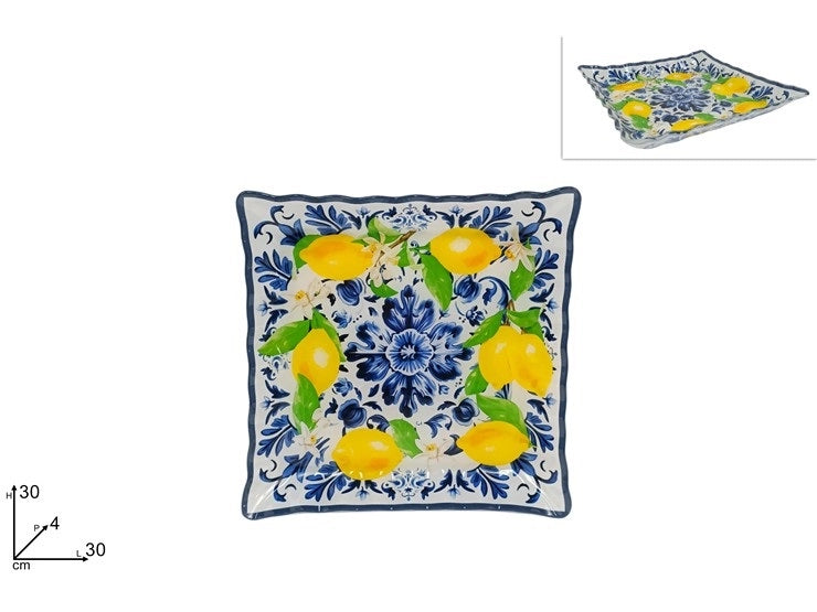Piatto da Tavola in Vetro Decoro Maiolica e Limoni 30 x 30 cm