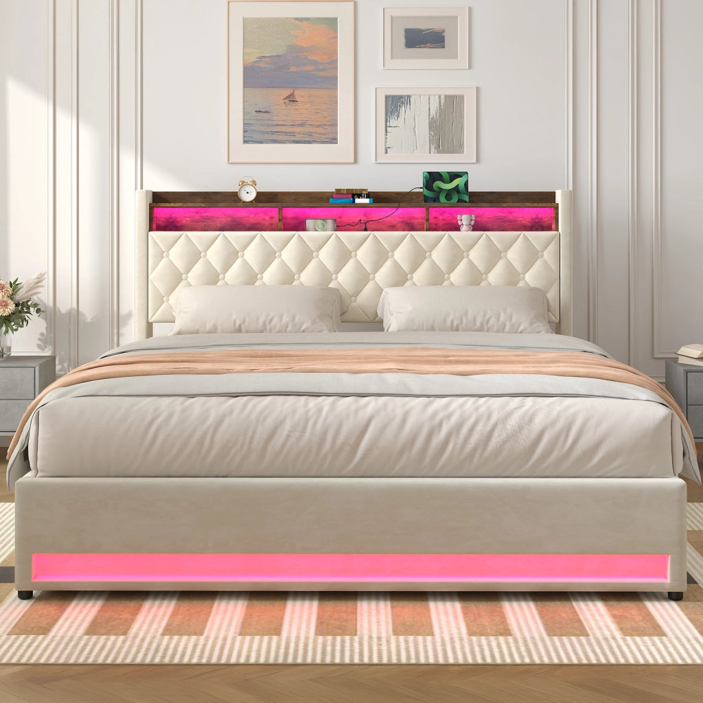 Letto imbottito beige 180x200 cm in velluto con schiuma elastica e struttura ergonomica