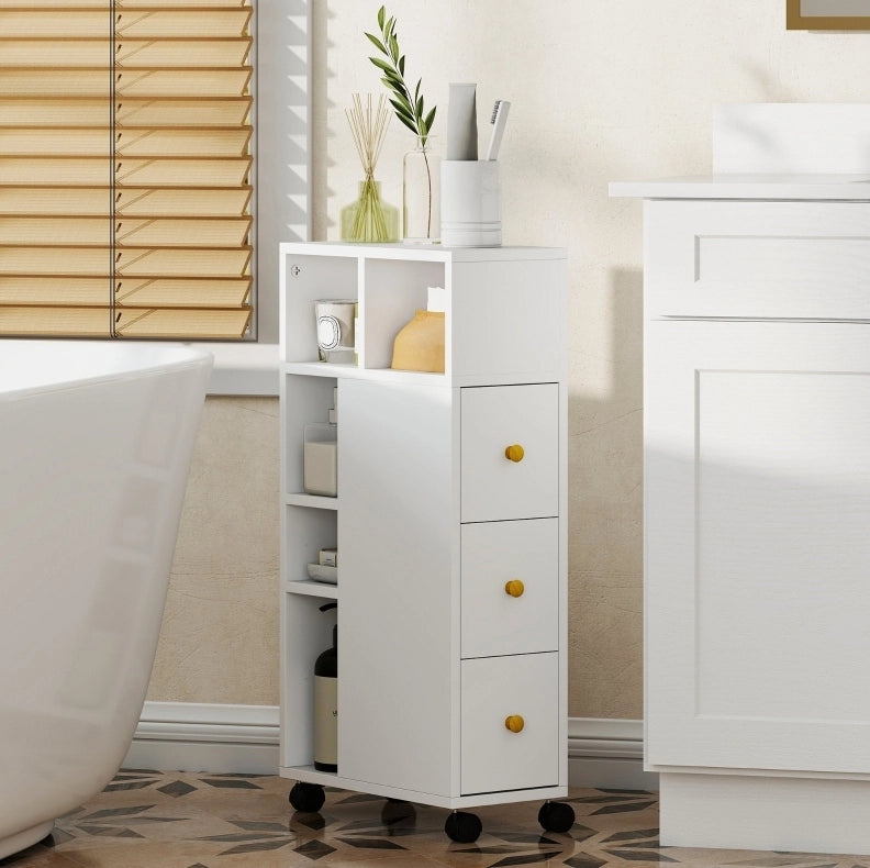 Mobile Armadietto da Bagno Bianco con 3 Cassetti e 5 Ripiani Aperti, 20x40x80 cm