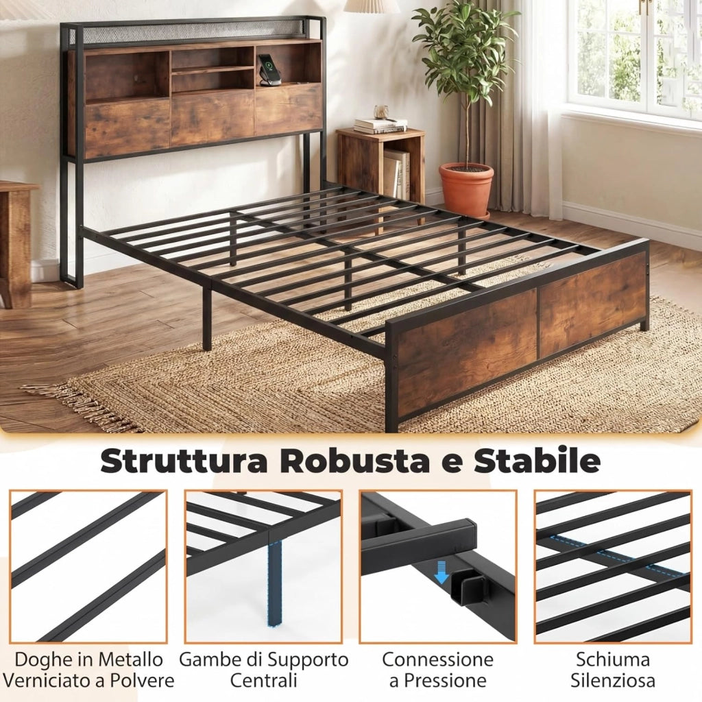 Struttura Letto con Testiera Contenitore, Letto a Piattaforma in Metallo con Stazione di Ricarica 3 Ripiani, Silenzioso, Carico Massimo 300kg (140 x 200cm Stile 2)
