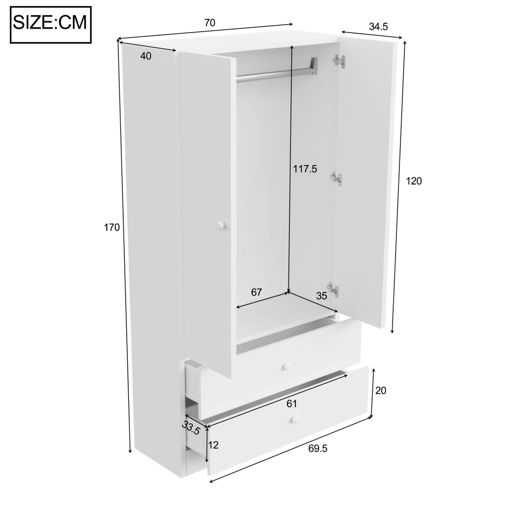 Scaffale con area appendiabiti e due grandi cassetti in MDF bianco per camera da letto e cabina armadio 70 × 40 × 170 cm