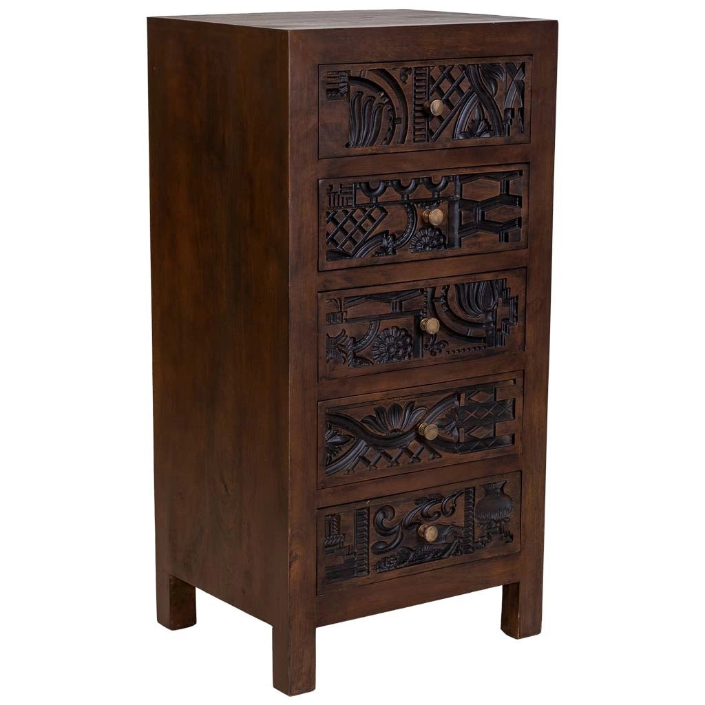 Cassettiera in legno marrone intagliato a mano, 45x40x100h cm