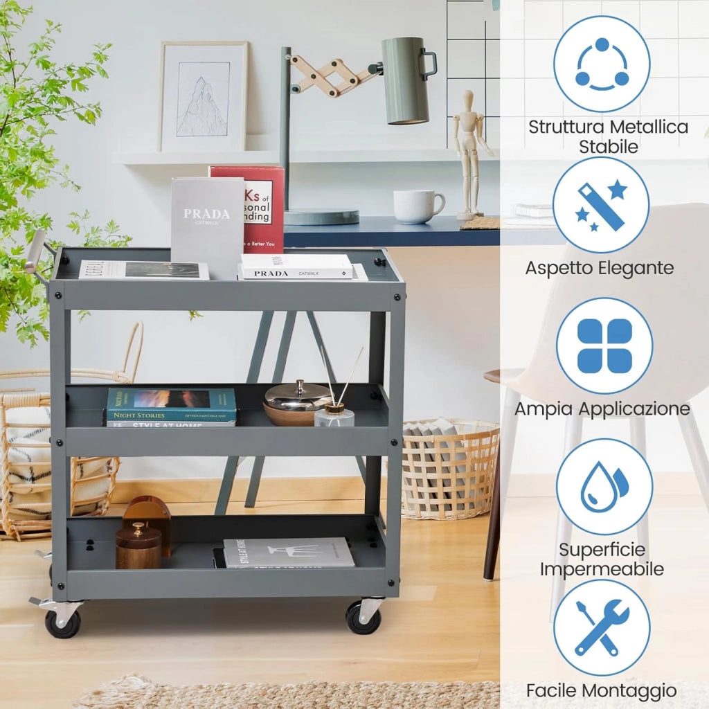 Carrello da Cucina con 3 Livelli, Carrellino Multifunzionale con Ruote Flessibili, Carrello di Servizio Resistente con Maniglia Comoda, Ideale per Ufficio Garage Magazzino Biblioteca (Grigio)
