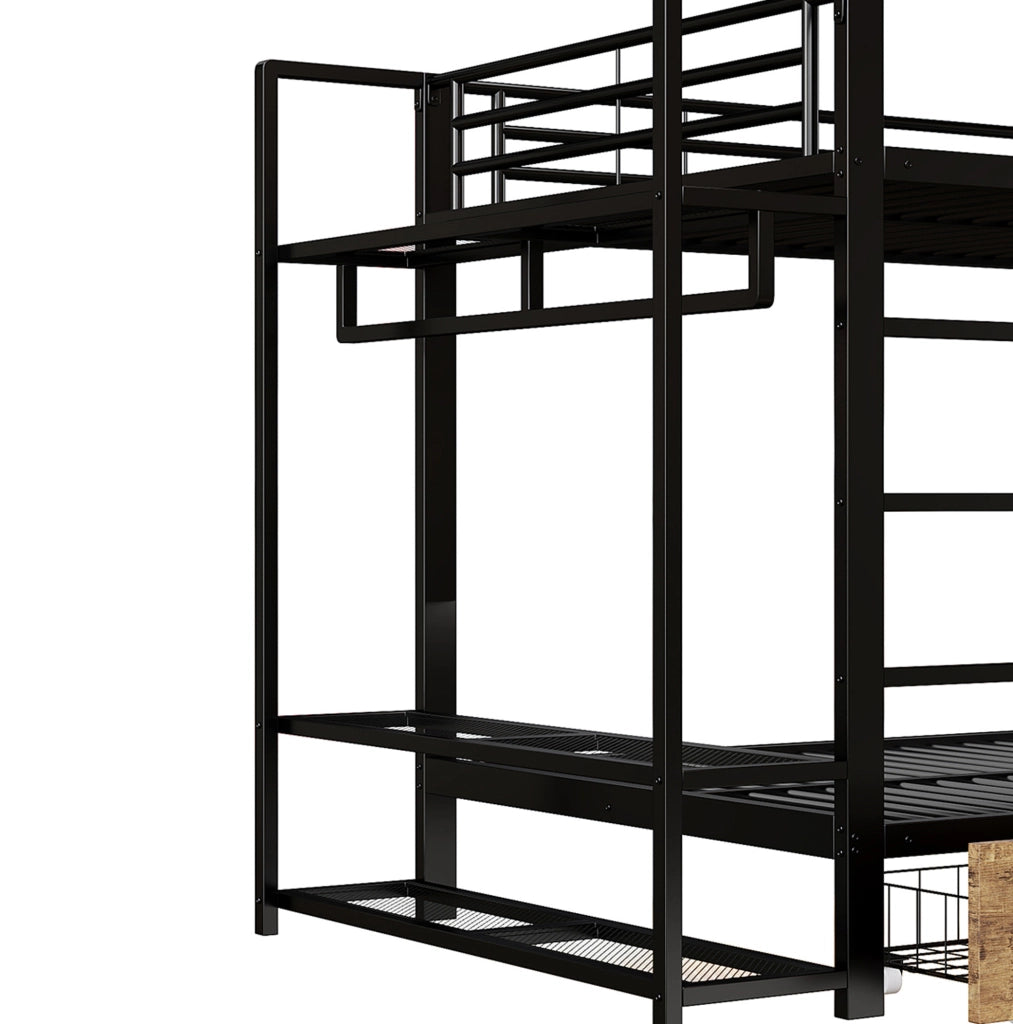 Letto a castello 140x200 cm in metallo e MDF; 2 cassetti; ripiani; LED; asta appendiabiti; nero