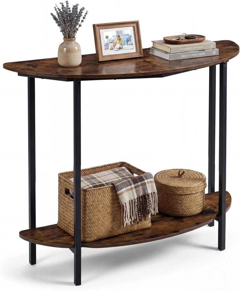 Consolle Ingresso 100 cm, Tavolo d’Ingresso a Forma di Mezzaluna con Doppio Ripiano Aperto, Tavolo Consolle Sottile e Salvaspazio per Salotto, Corridoio e Entrata