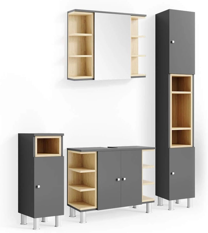 Set mobili bagno Aquis, Antracite, 79.6 cm, composto da mobile lavabo, pensile a specchio, colonna e base media