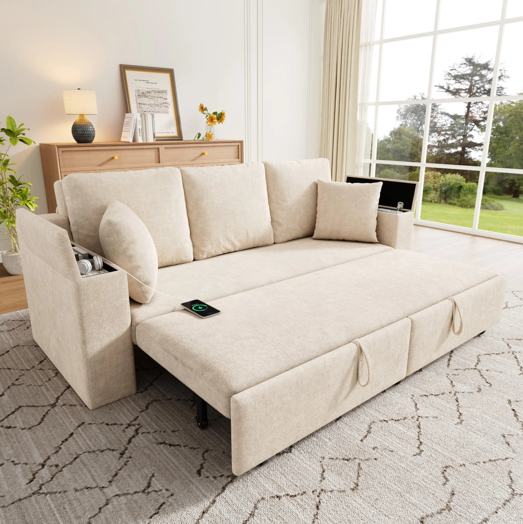 Sofa 3 posti con funzione letto; USB e Type-C; 210;5 x 192 x 93 cm; chenille beige
