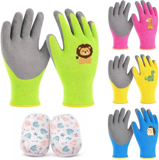 Kit di guanti da giardino di 4 pezzi - Guanti antiscivolo per lavoro - Protezione per il polso - Bambini 8-10 anni - Disegni di animali - Guanti in latex rinforzato
