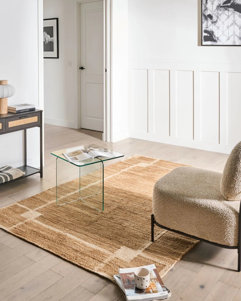 Tappeto beige chiaro in juta 160 x 230 cm con motivo rettangolare intrecciato in stile rustico per soggiorno e camera da letto