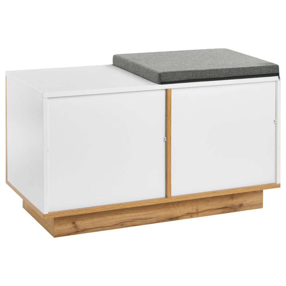 Set da ingresso: mobile portaoggetti in truciolato bianco con panca porta scarpe e ganci appendiabiti, stile moderno minimalista