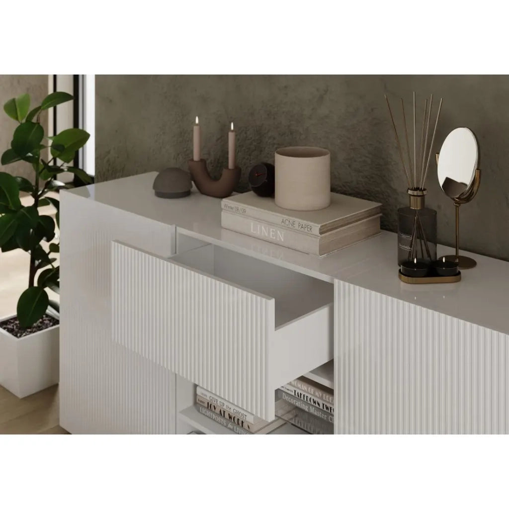 Buffet SCENA – L181×H84×P42 cm – 2 porte + 2 cassetti + nicchia – Bianco laccato