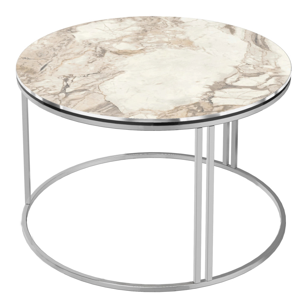 Tavolino Basso da Caffè 'Aulum' Piano Rotondo - Effetto Marmo Bianco / Argentato [en.casa]