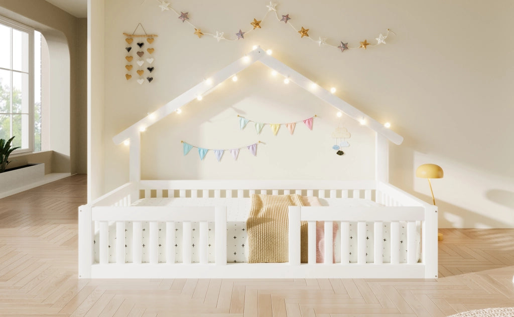 LETTO a casetta 90x200 cm in legno bianco con luci LED