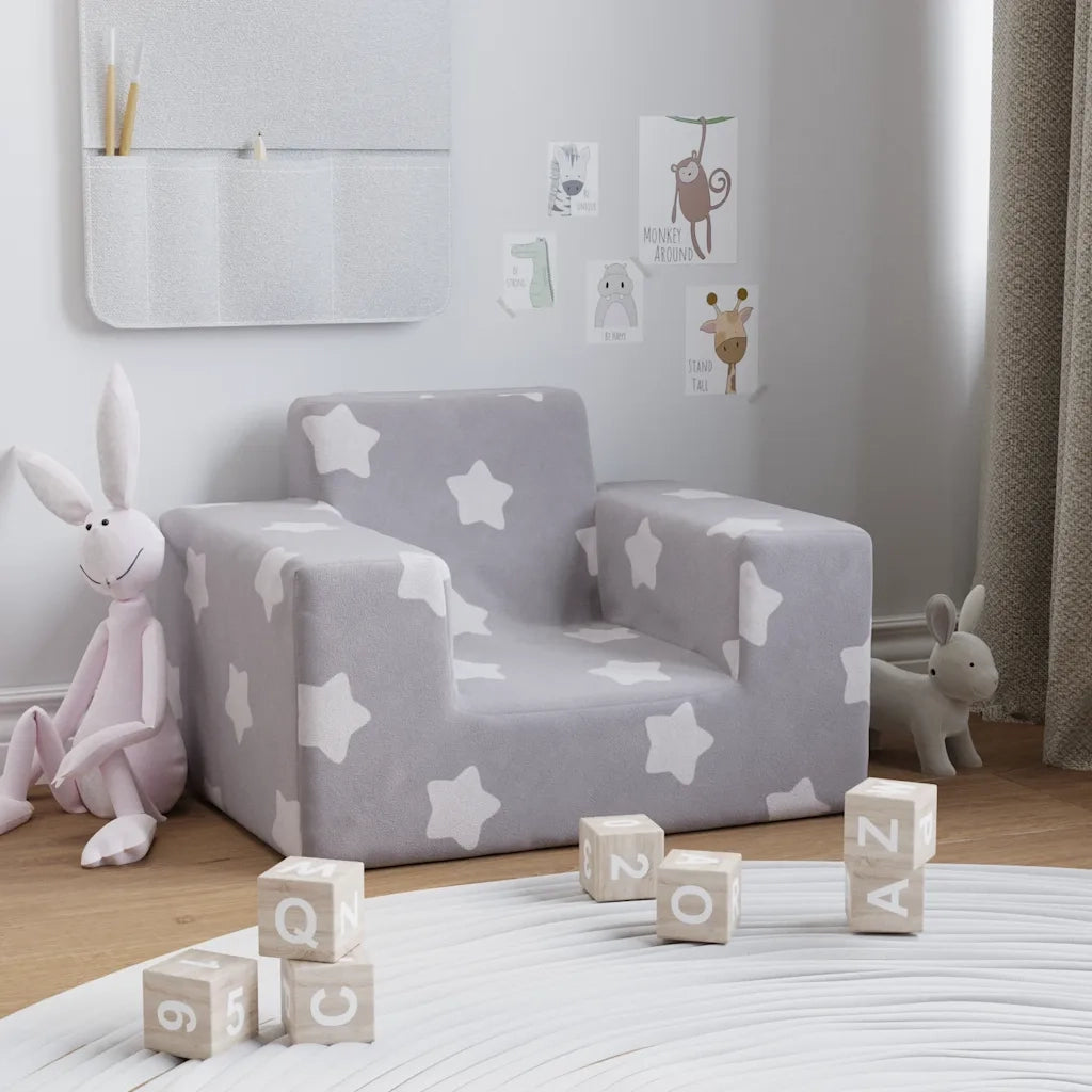 Divano per Bambini-Sofa-Divanetto Grigio Chiaro con Stelle in Morbido Peluche 484387