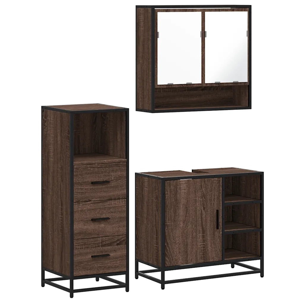 Set Mobili da Bagno 3 pz Rovere Marrone in Legno Multistrato