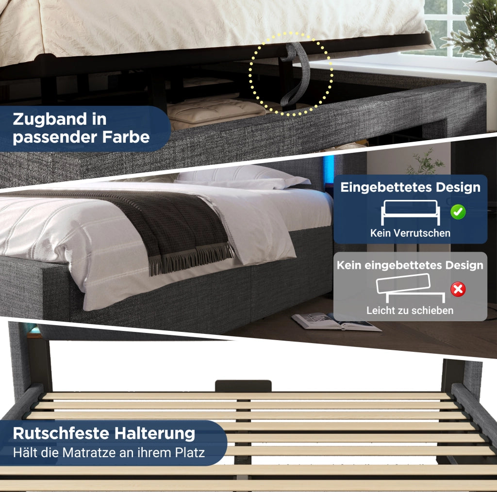 Letto matrimoniale 160x200 cm in lino grigio con contenitore; LED; USB e materasso