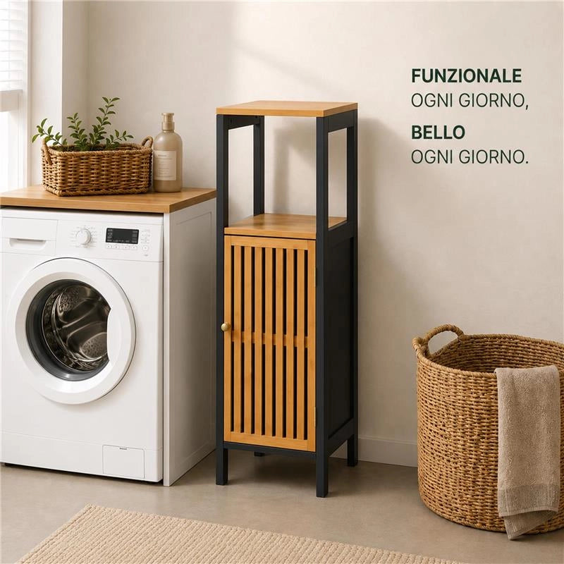 MOBILE DA BAGNO IN LEGNO CON ANTA E RIPIANO IN BAMBOO - COLORE NERO DIMENSIONI 32X30X91 CM