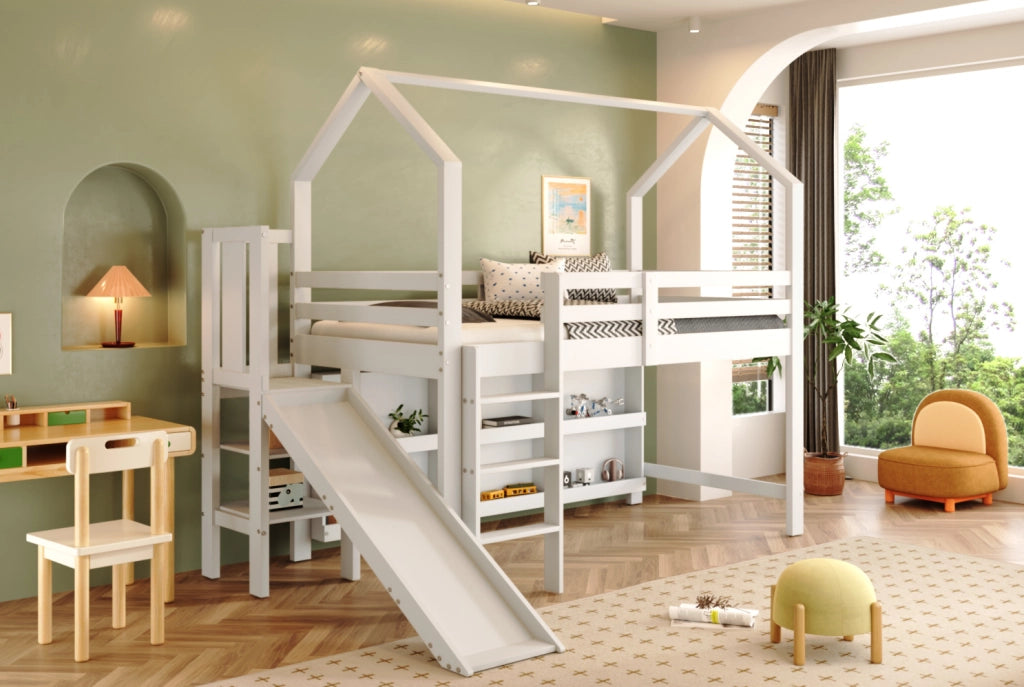Letto singolo per bambini 90x200 cm con scivolo; scale; armadietti e scaffale in legno e MDF; bianco