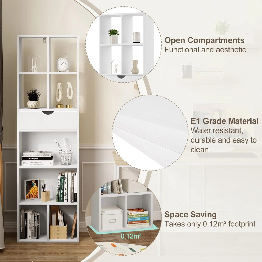 Libreria Bianca, Scaffale Soggiorno con 8 Vani Portaoggetti, Mobile in Legno Salvaspazio con Cassetto, Portalibri da Terra Moderno per Camera da Letto, Ufficio, 50x24x168 cm