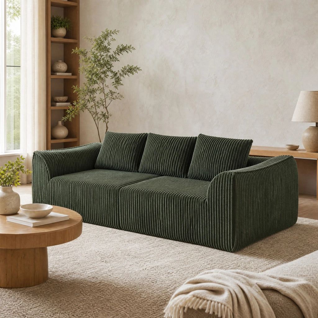 Divano modulare con linee curve e seduta ampia, sei cuscini, rivestimento in velluto a coste verde