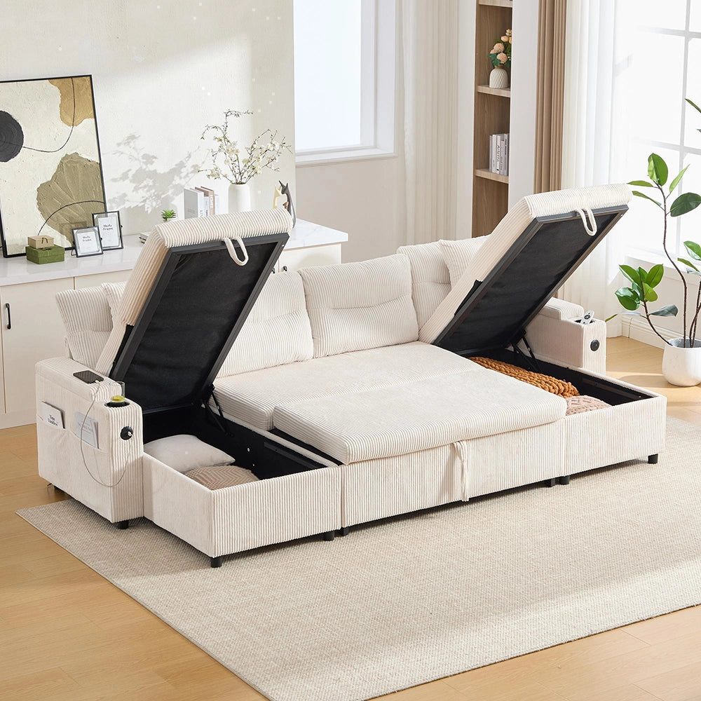 Canap¨¦ moderno in velluto per 4 persone - Xylo - Divano letto con chaise longue, vano portaoggetti e porte USB