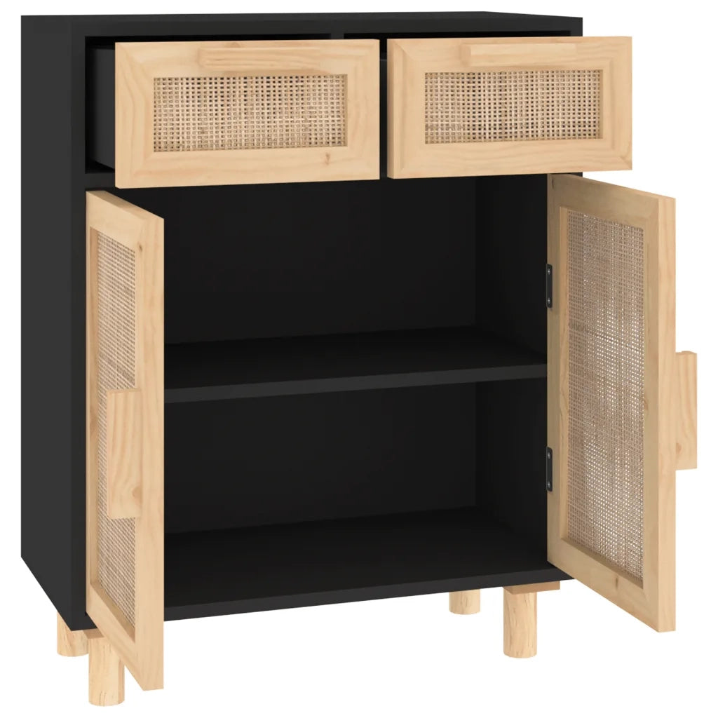 Credenza | Madia | Buffet da pranzo | Armadio da pranzo Nera 60x30x75 cm Legno Massello Pino e Rattan Naturale