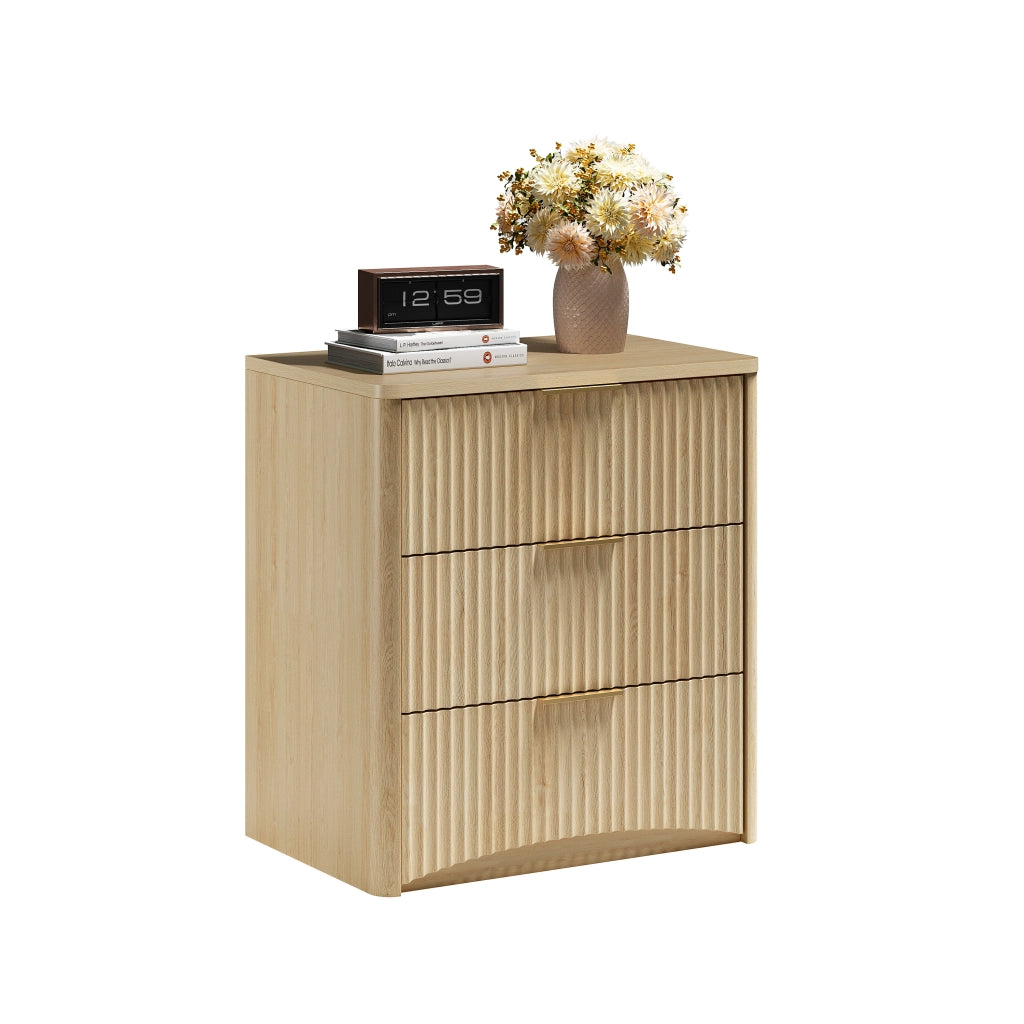 Comodino con 3 cassetti e guide ammortizzate pannelli scanalati MDF rovere camera da letto 58 × 38 × 64 cm