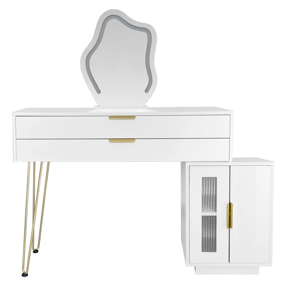 Toeletta bianca con specchio LED a 3 luci, due cassetti e design scorrevole