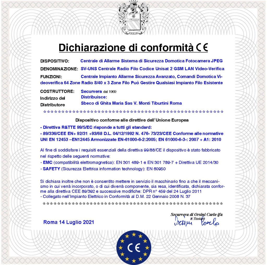 Centrale Unisat Impianto Allarme 8 Zone Filo Optional 40 Collegamenti e Funzioni Programmabili 8 Aree 50 Utenti Gestita da APP RFID 2 Radiocomandi 868 MHz HiFi Domotica GSM/GPRS LAN Batteria 12 V 7 Ah
