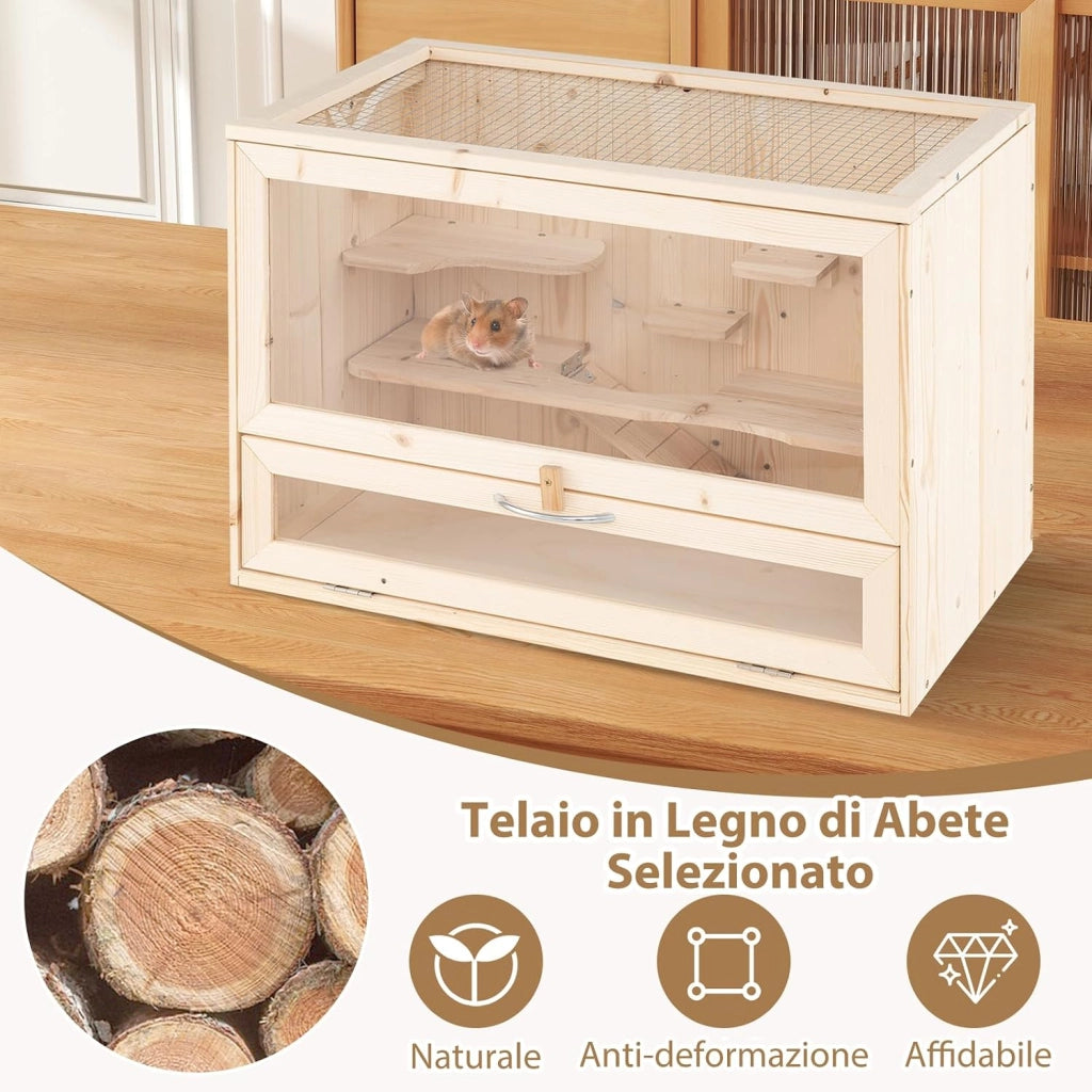 Gabbia per Criceti, Gabbia Criceti in Legno con Tetto Ribaltabile in Rete, Aree Multi-Scala, Rampa, Pannello in Acrilico e Porta Bloccabile, 60 x 35,5 x 42 cm